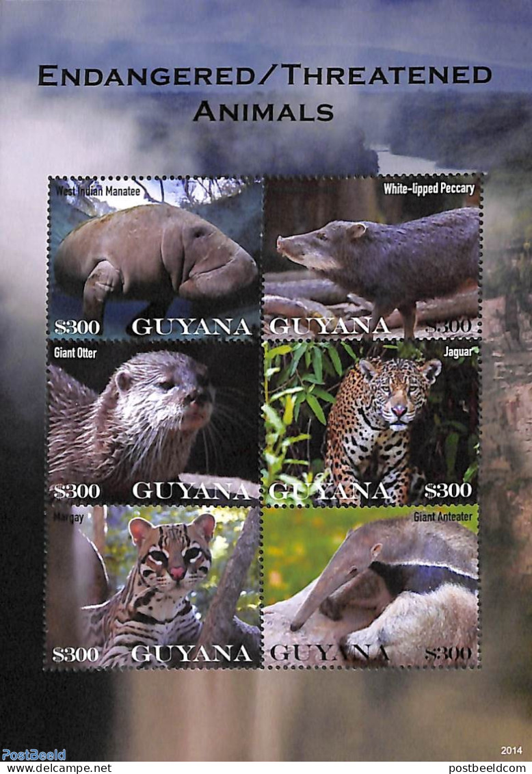 Guyana 2014 Endangered Animals 6v M/s, Mint NH, Nature - Animals (others & Mixed) - Cat Family - Sea Mammals - Wild Ma.. - Guyane (1966-...)