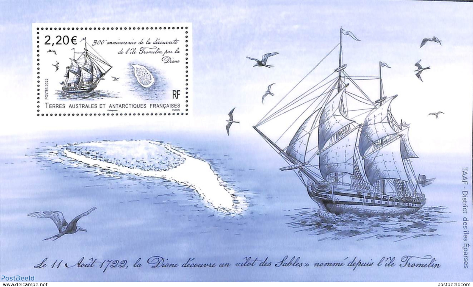 French Antarctic Territory 2022 Discovery Of Tromelin Island S/s, Mint NH, Transport - Various - Ships And Boats - Maps - Unused Stamps