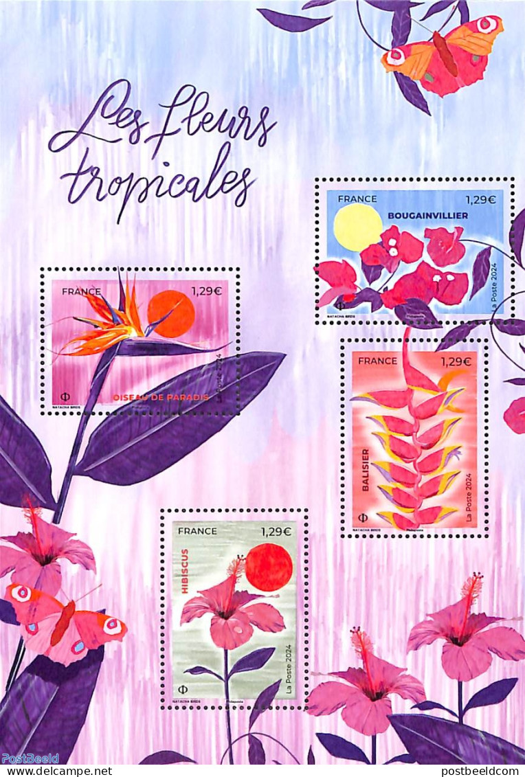 France 2024 Tropical Flowers S/s, Mint NH, Nature - Flowers & Plants - Unused Stamps