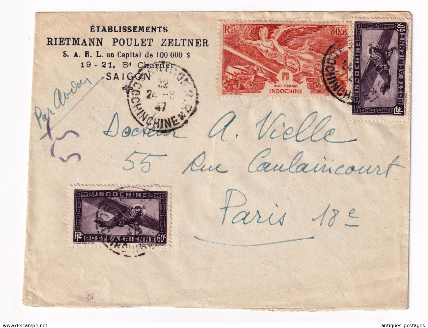 Lettre 1947 Indochine Saigon Reitmann Poulet Zeltner Poste Aérienne Timbres Poste Aérienne Viêt Nam Cochinchine - Poste Aérienne