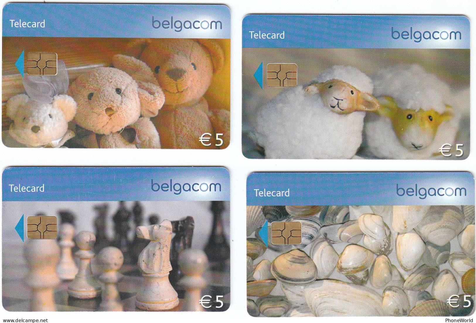 Belgacom 2010, 4 X Chip, Bears, Sheeps, Chess, Shells, Used - With Chip