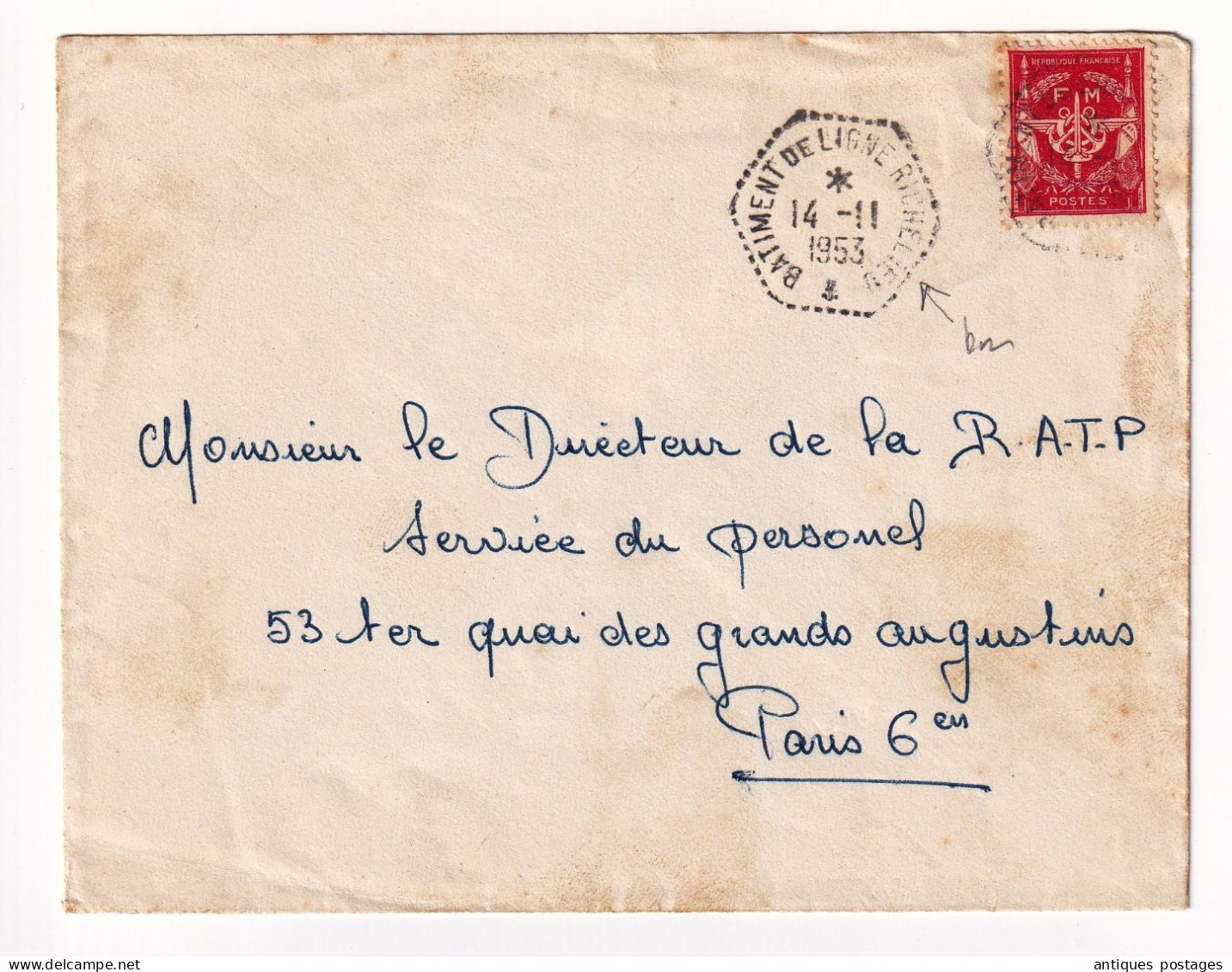 Lettre 1953 Marine Française Cachet Bâtiment De Ligne Richelieu Cuirassé Franchise Militaire - Sellos Militares Desde 1900 (fuera De La Guerra)