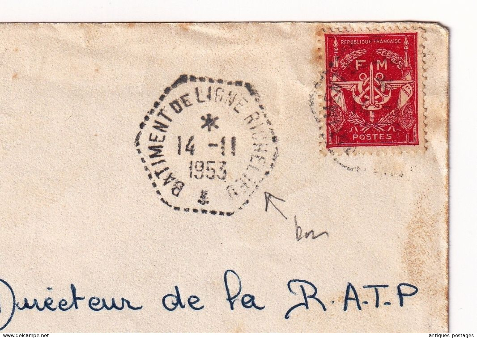 Lettre 1953 Marine Française Cachet Bâtiment De Ligne Richelieu Cuirassé Franchise Militaire - Military Postmarks From 1900 (out Of Wars Periods)