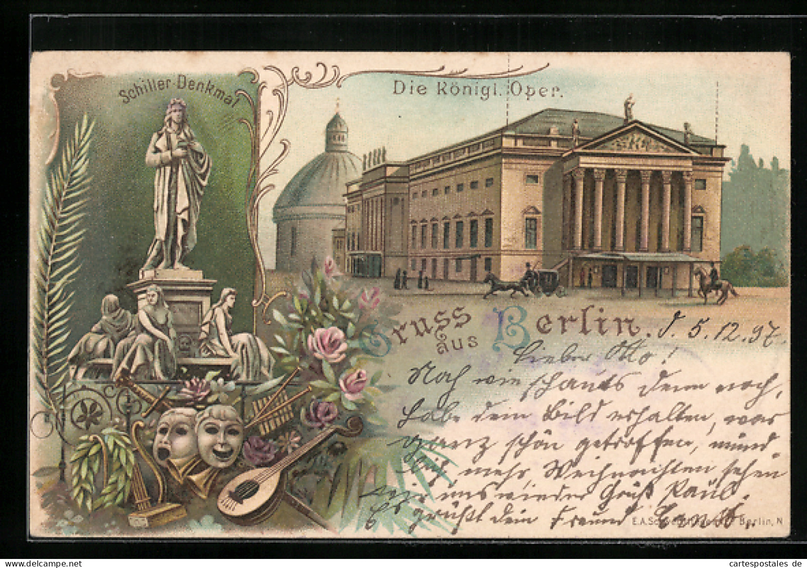 Lithographie Berlin, Schiller Denkmal, Königl. Oper  - Mitte