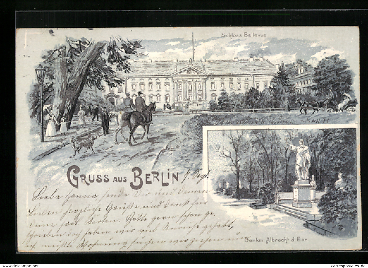 Lithographie Berlin-Tiergarten, Schloss Bellevue, Denkmal Albrecht  - Tiergarten