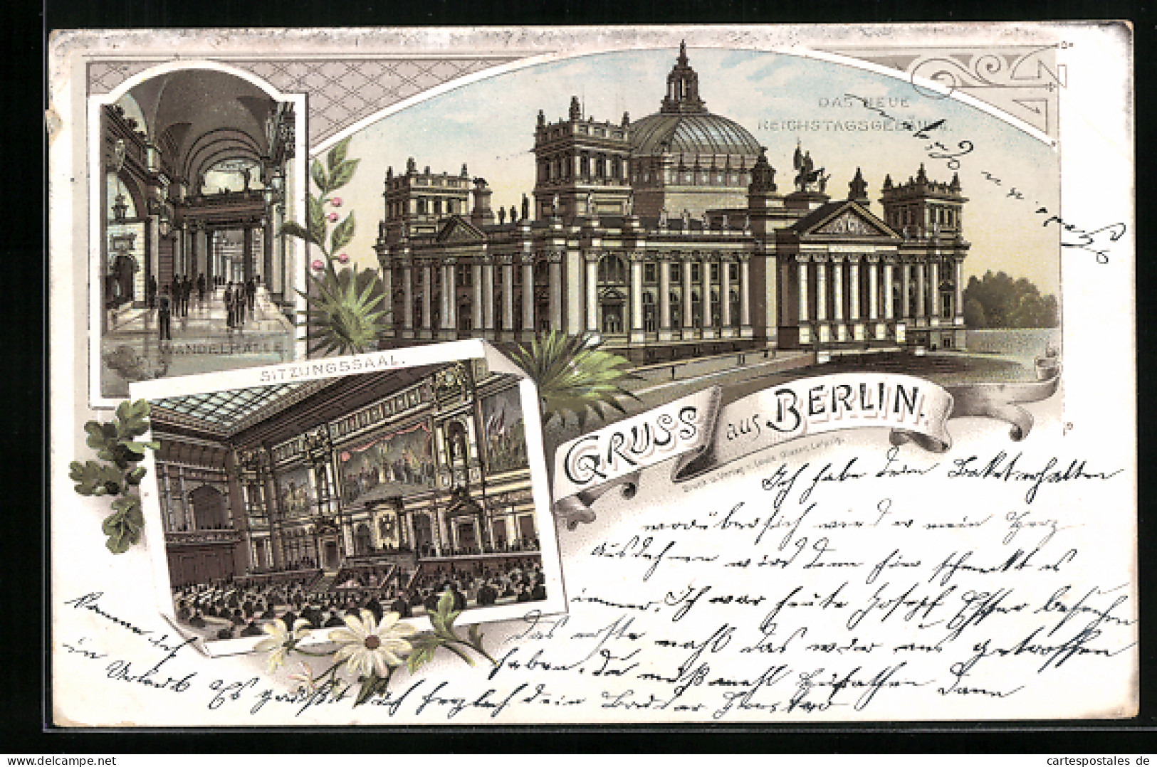 Lithographie Berlin-Tiergarten, Das Neue Reichstagsgebäude, Sizungssaal, Wandelhalle  - Tiergarten