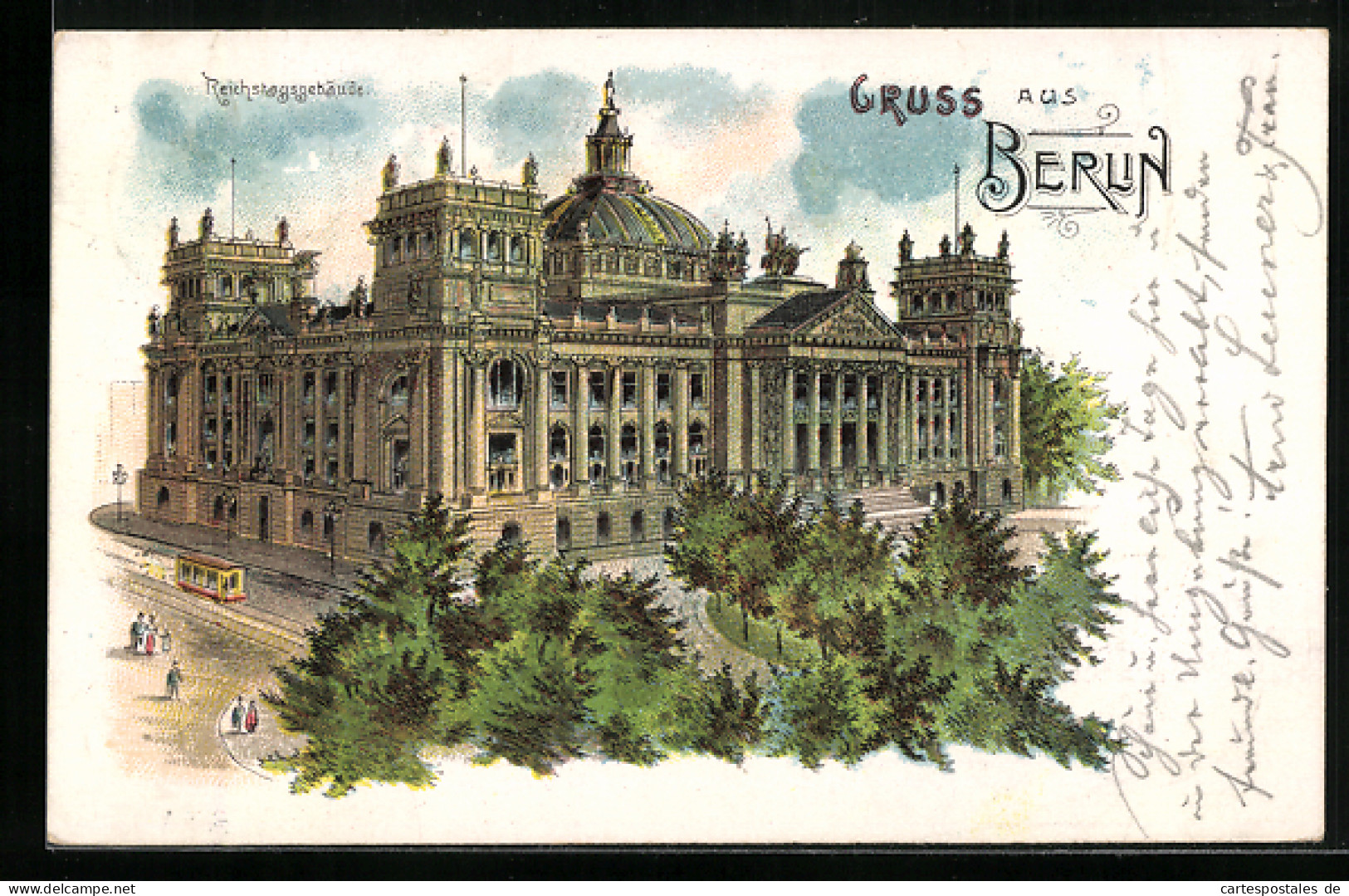 Lithographie Berlin-Tiergarten, Reichstagsgebäude Mit Strassenbahn  - Dierentuin