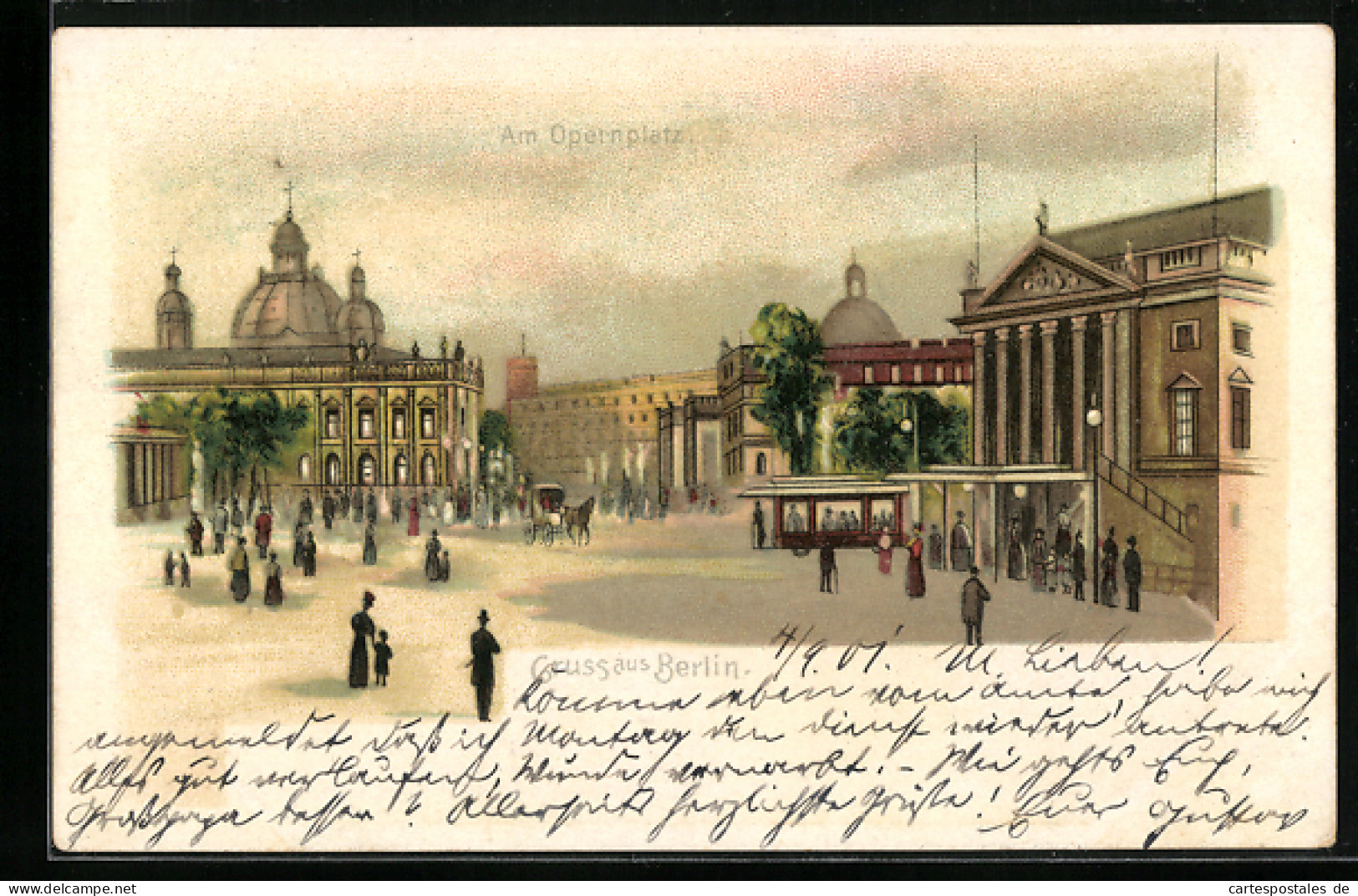 Lithographie Berlin, Opernplatz Mit Passanten Und Strassenbahn  - Mitte