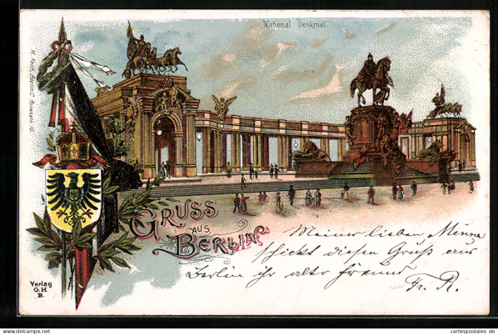 Lithographie Berlin, National Denkmal, Fahne Mit Krone Und Wappen  - Mitte
