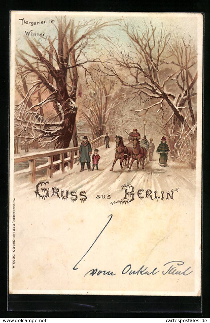 Winter-Lithographie Berlin-Tiergarten, Pferdekutsche U. Passanten Im Verschneiten Tiergarten  - Autres & Non Classés