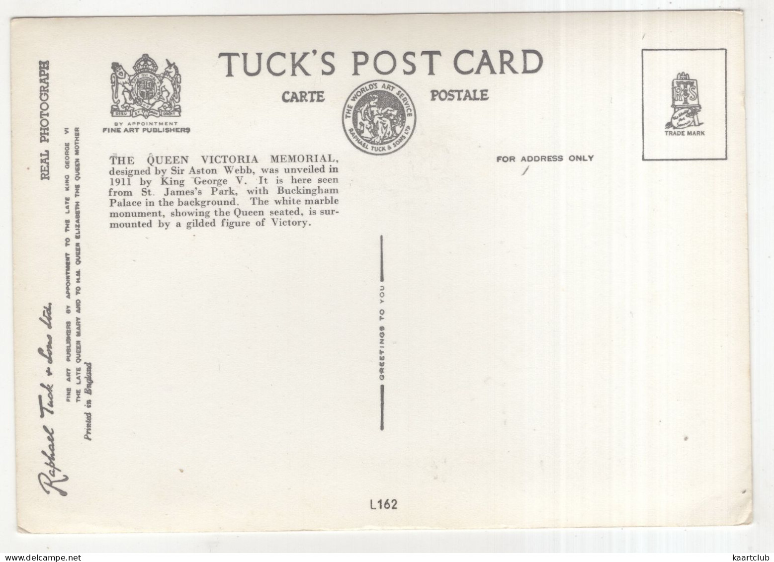 The Queen Victoria Memorial   -  (London - England) - Tuck's Postcard - Andere & Zonder Classificatie