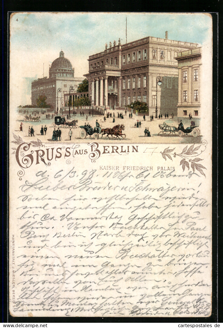 Lithographie Berlin, Kaiser Friedrich Palais Mit Passanten Und Kutschen  - Mitte