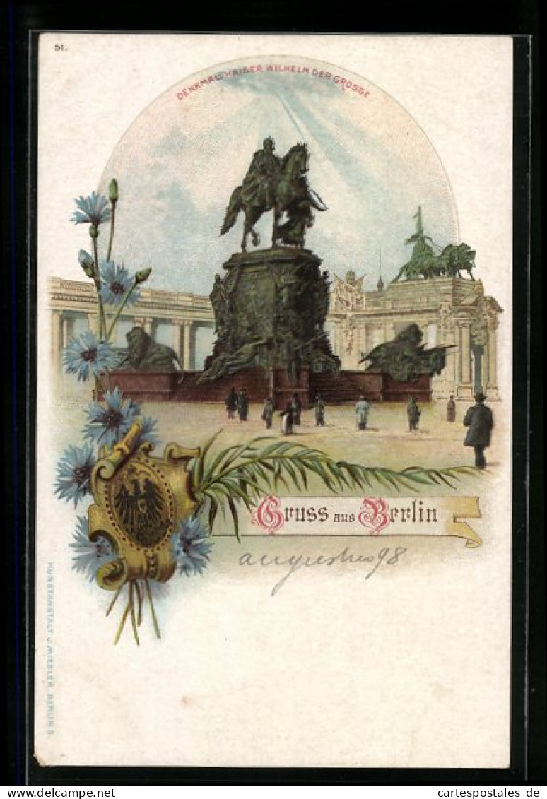 Lithographie Berlin, Vor Dem Denkmal Kaiser Wilhelm Der Grosse, Wappen  - Mitte