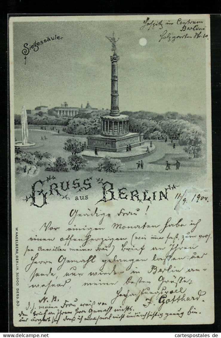 Mondschein-Lithographie Berlin-Tiergarten, Siegessäule Mit Umgebung Aus Der Vogelschau  - Dierentuin