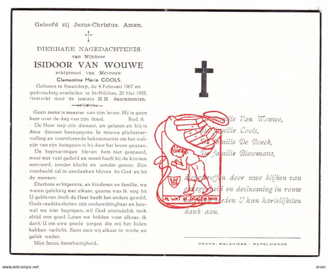 DP Isidoor Van Wouwe 48j. ° Steendorp Temse 1907 † Sint-Niklaas 1955 X Clementina Cools // De Roeck Biesemans - Devotieprenten