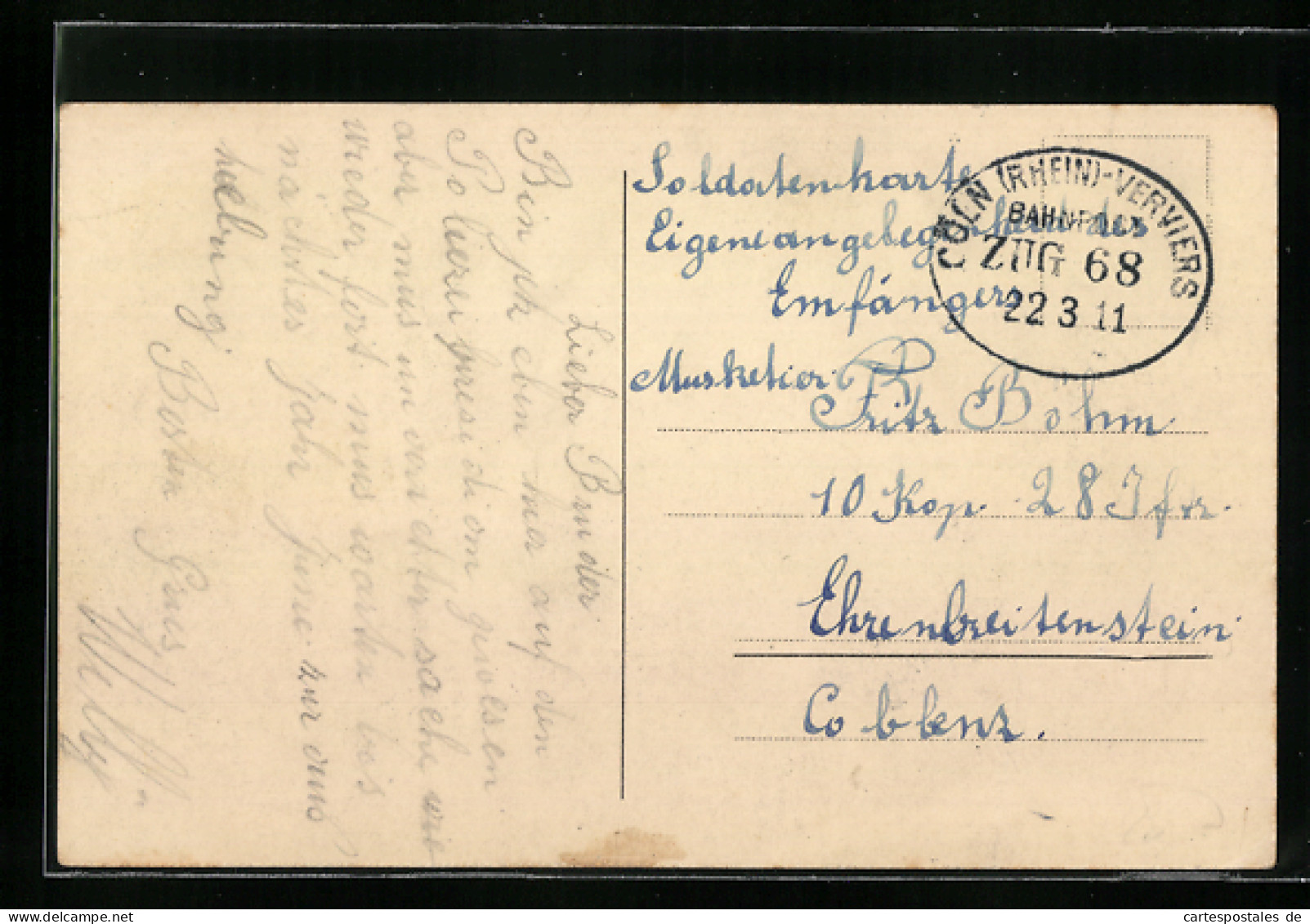 AK Bahnpoststempel Cöln /Rhein-Verviers, Zug 68  - Autres & Non Classés