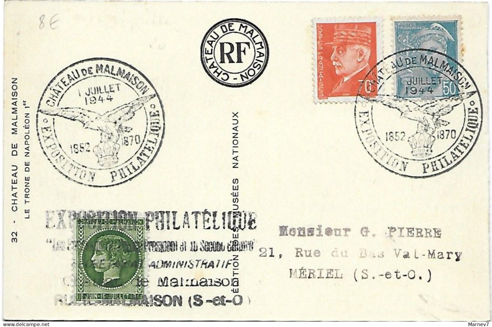 Château De MALMAISON - 1 Juillet 1944 - 1852 1870 - Exposition Philatélique - Le Trône De Napoléon 1er - Vignette - Storia Postale