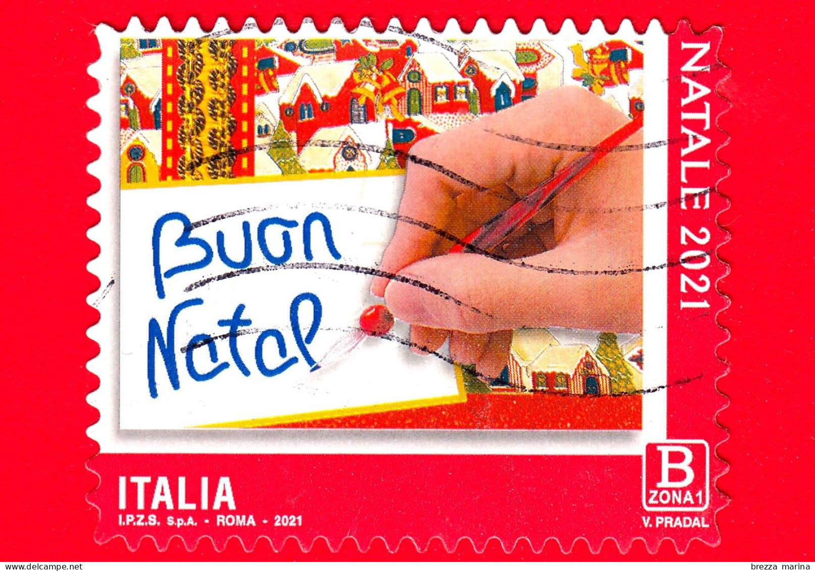 ITALIA - Usato - 2021 - Natale – Auguri – Mano Che Scrive Buon Natale – Grafico - B Zona 1 - 2021-...: Afgestempeld