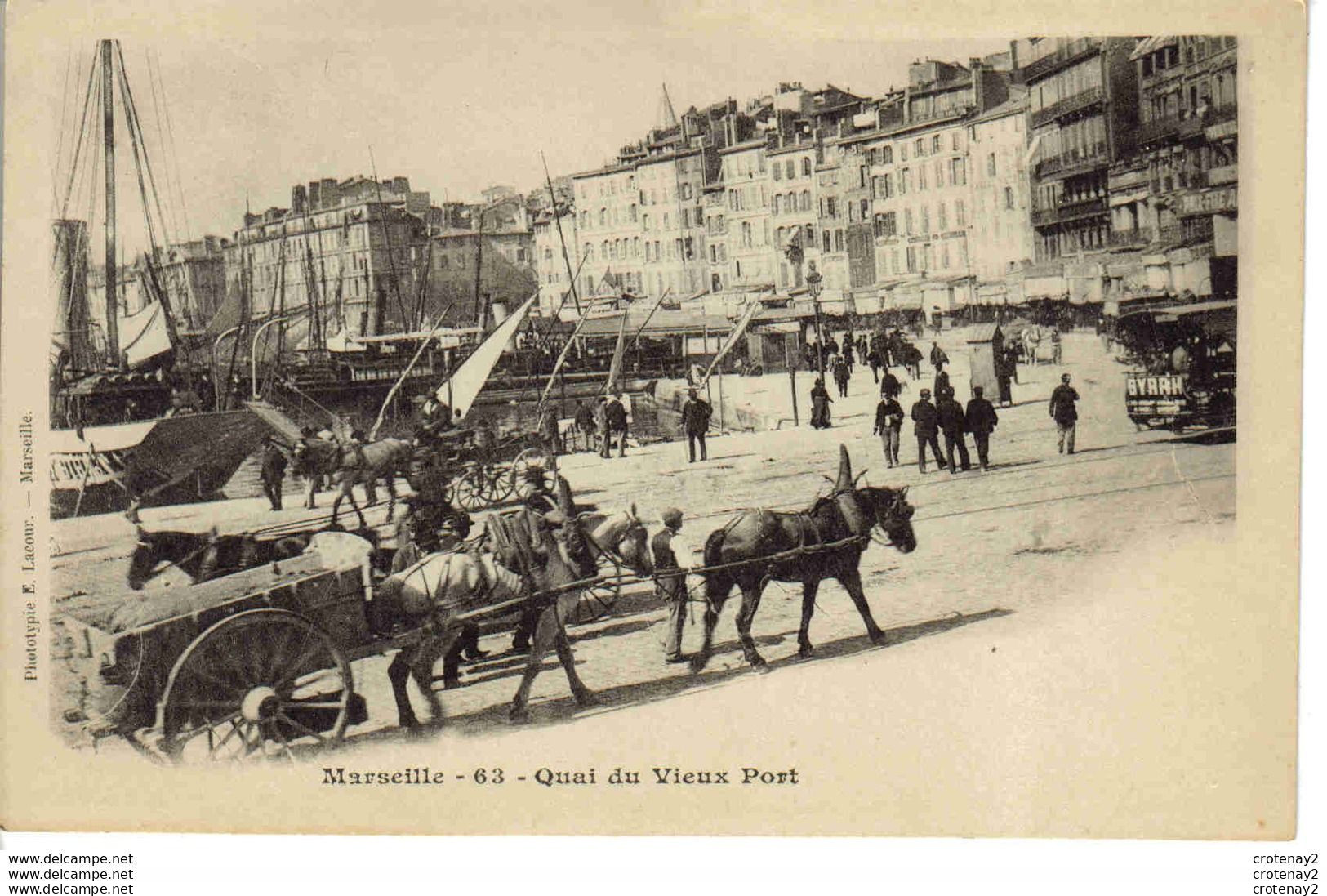 13 MARSEILLE N°63 Quai Du Vieux Port Attelages Chevaux Tram Tramway PUB BYRRH Vers 1904 TBE E.Lacour VOIR DOS - Vecchio Porto (Vieux-Port), Saint Victor, Le Panier