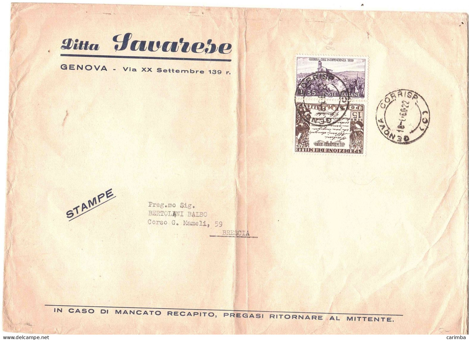 STAMPE GUERRA INDIPENDENZA + SPEDIZIONE DEI MILLE DITTA SAVARESE GENOVA - 1946-60: Storia Postale