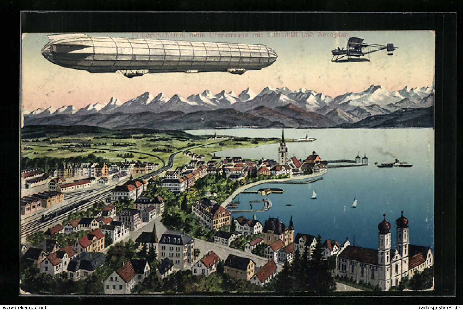 AK Friedrichshafen, Zeppelin-Luftschiff & Flugzeug über Neuer Uferstrasse  - Airships