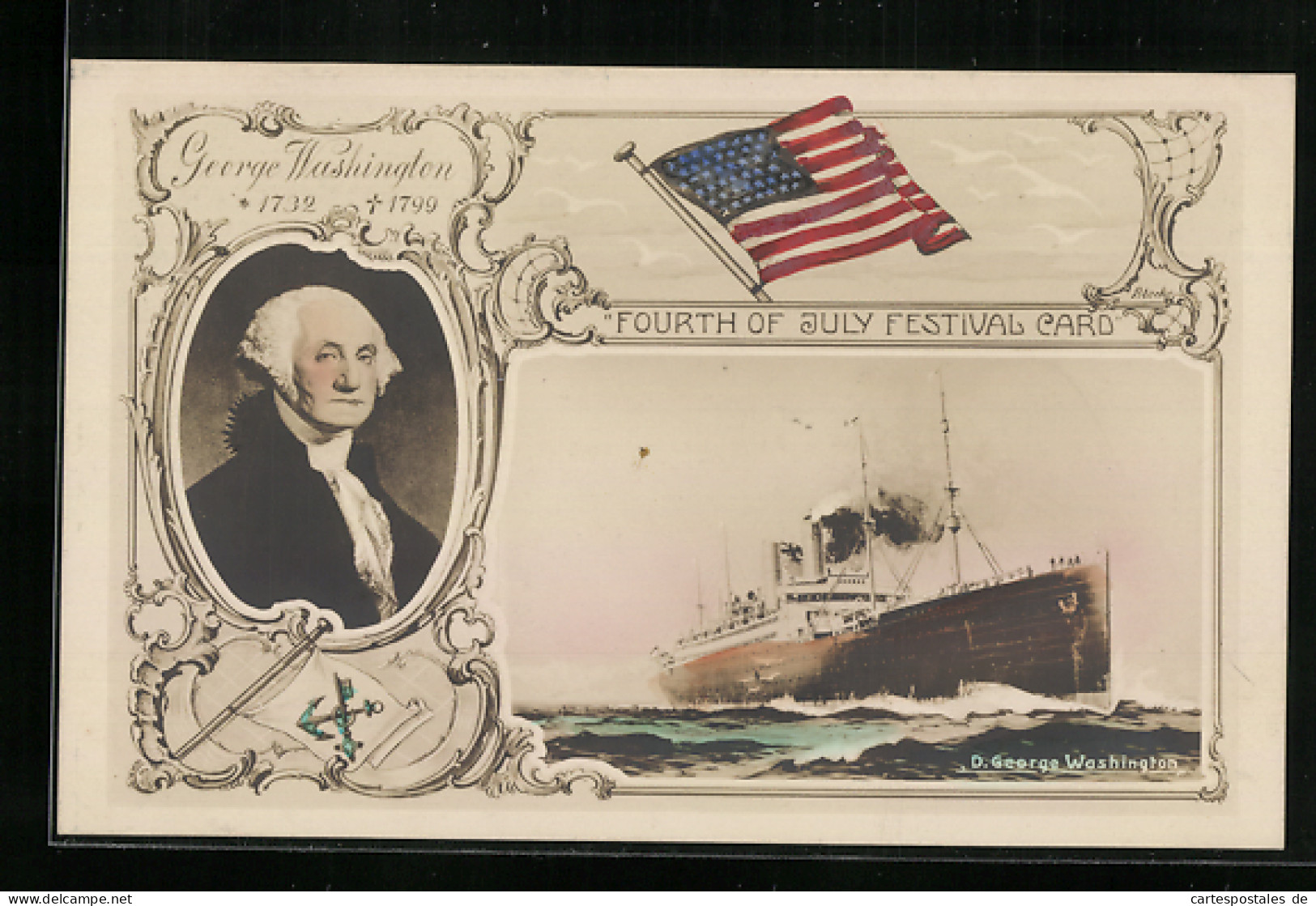 AK Dampfer George Washington, Fourth Of July Festival Card  - Piroscafi