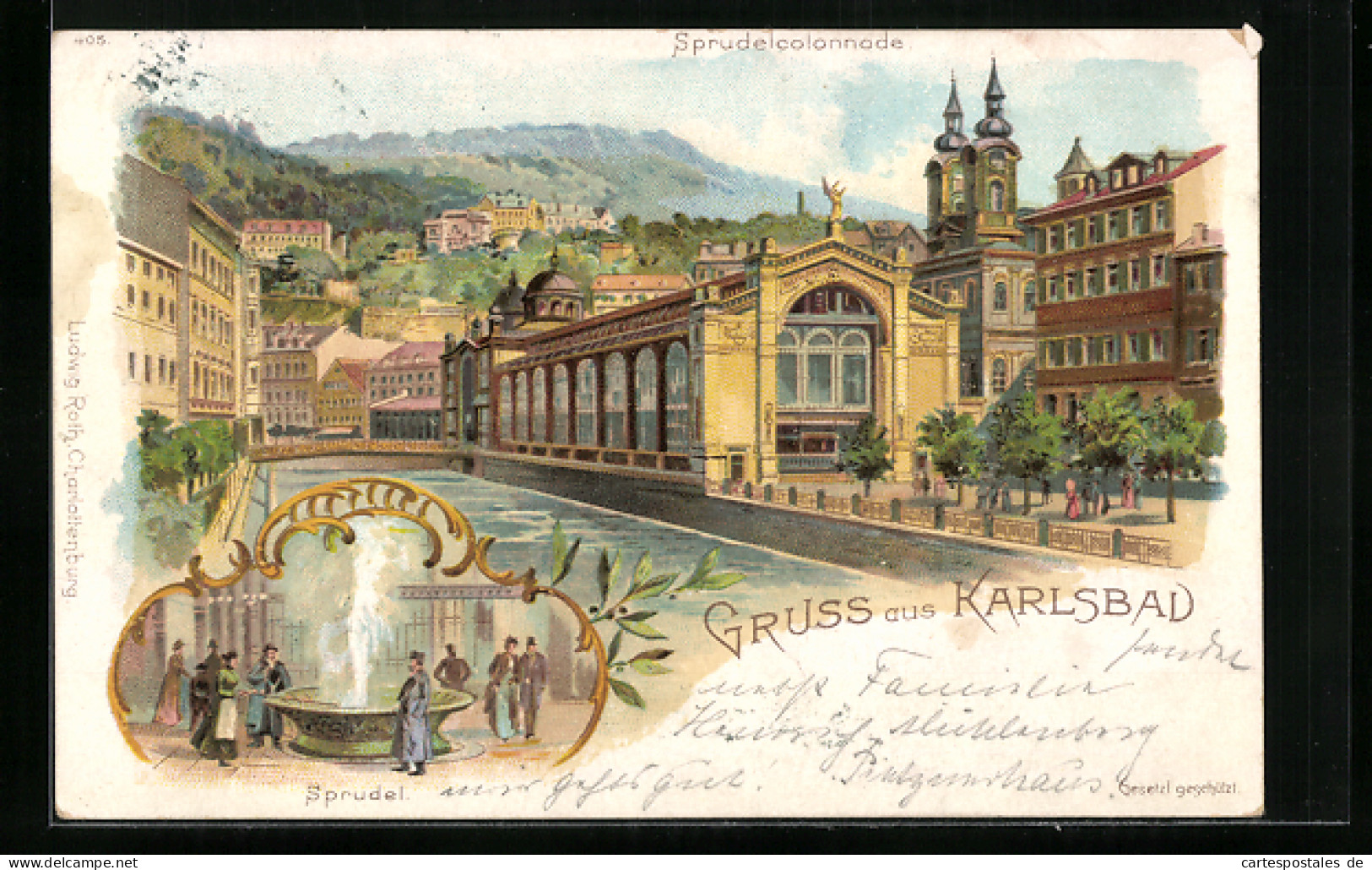 Lithographie Karlsbad, Sprudel Und Sprudelcolonnade  - Tchéquie