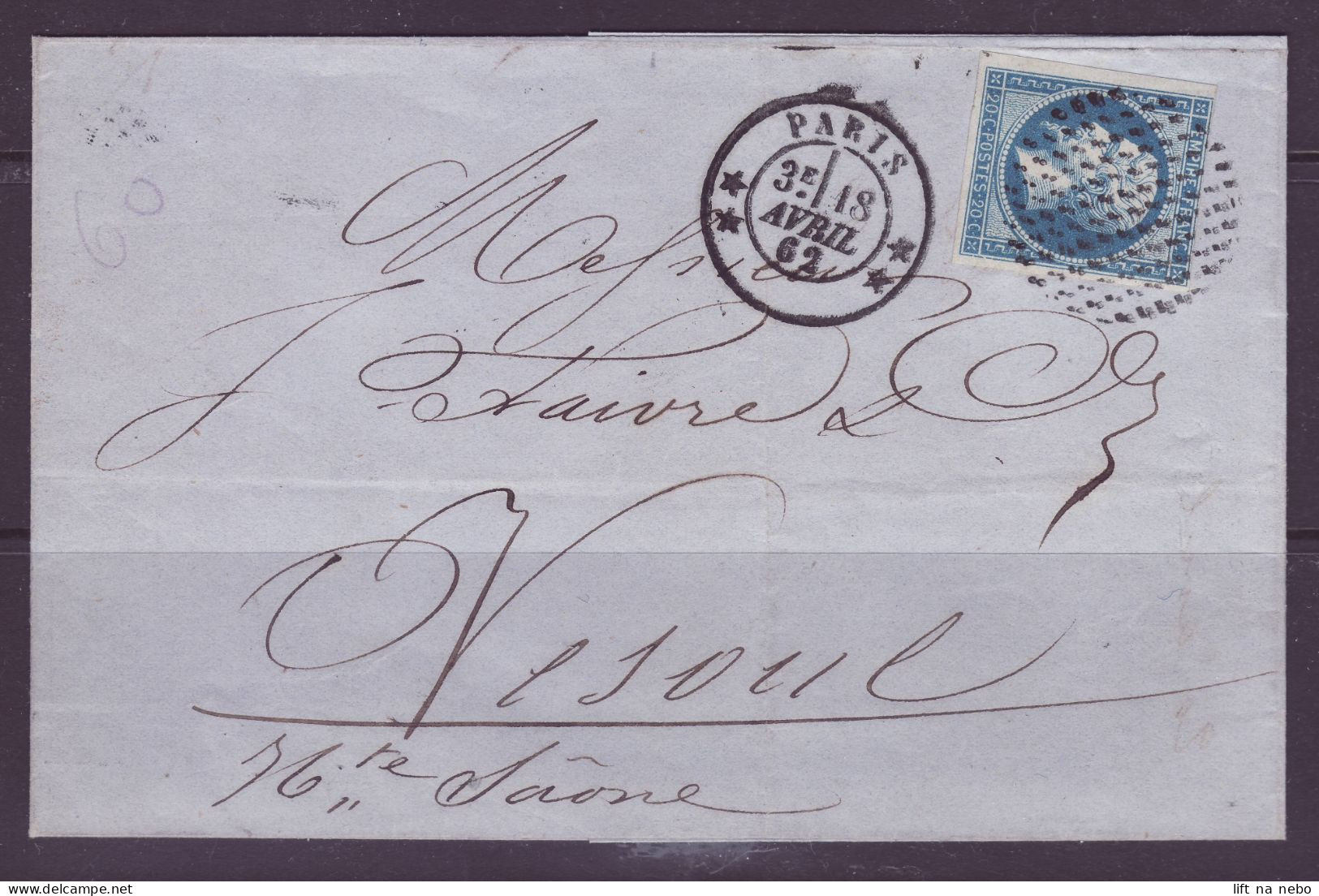 FRANCE 1853-1860 20c Bleu YT N°14 On The Cover From Paris - 1853-1860 Napoleon III