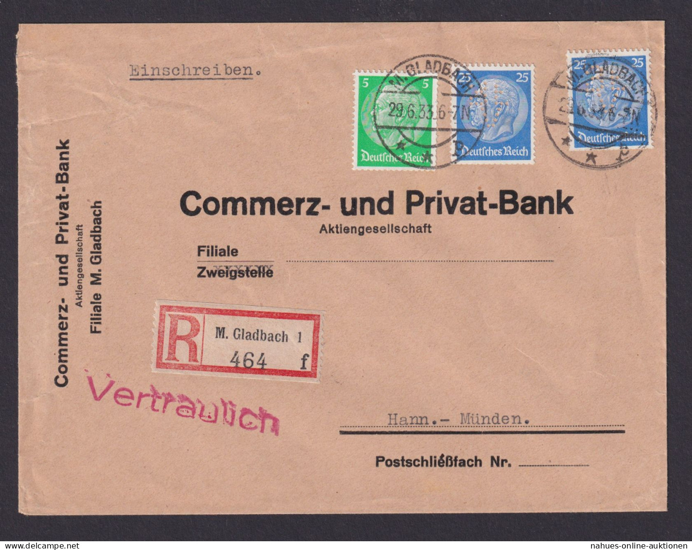 Perfin Lochung Briefmarken Deutsches Reich R Brief Hindenburg Mönchengladbach - Covers & Documents