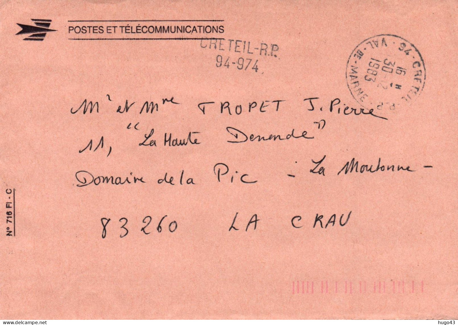 ENVELOPPE AVEC CACHET CRETEIL-RP  94-974 LE 30/12/1983 - 1961-....