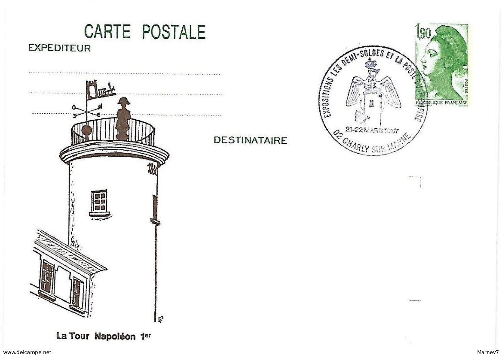 Entier 2424-CP1 Repiqué -Tour Napoléon 1er - Cad 21 22 Mars 1987 Exposition Demi-soldes - CHARLY Sur Marne - Cartes Postales Repiquages (avant 1995)