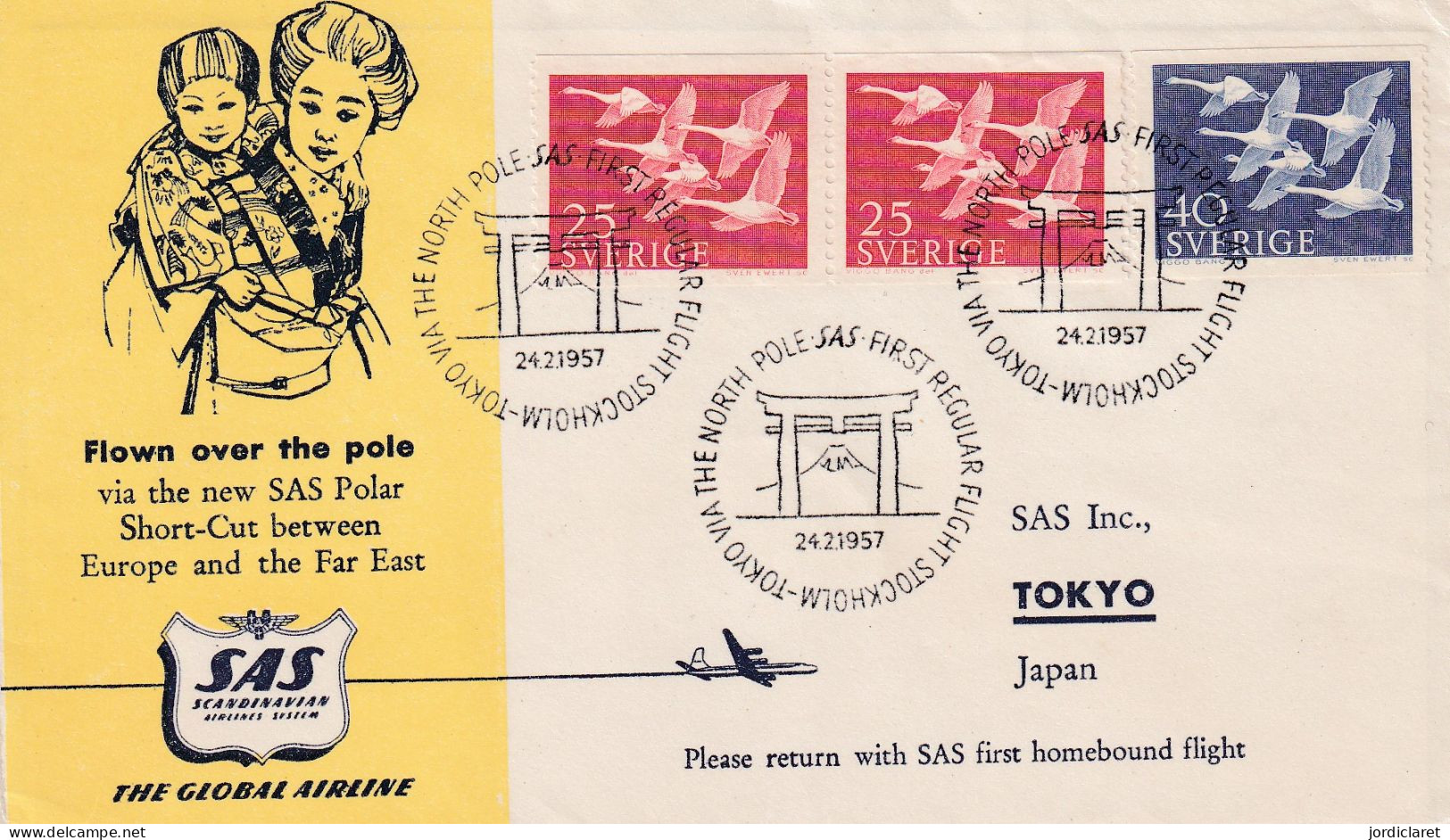 FIRST FLIGHT 1957  A TOKIO VIA NORTH POLE - Briefe U. Dokumente