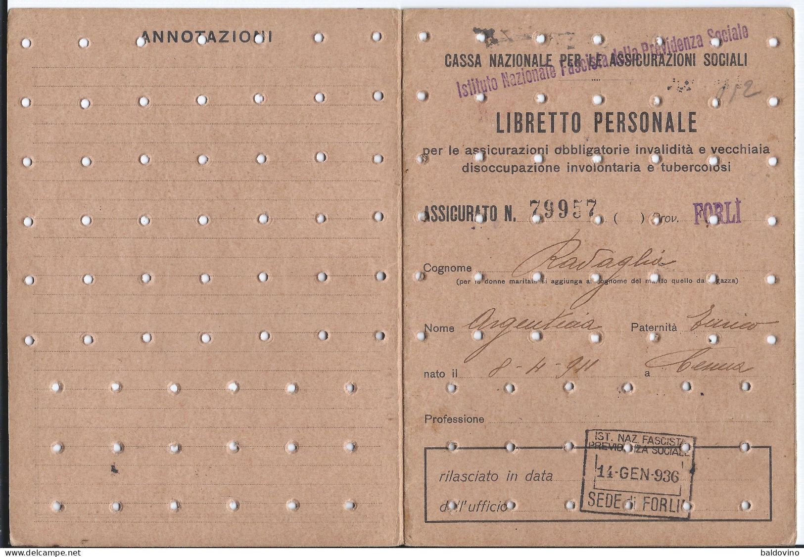 Libretto Personale Cassa Nazionale Assicurazioni Sociali - Membership Cards