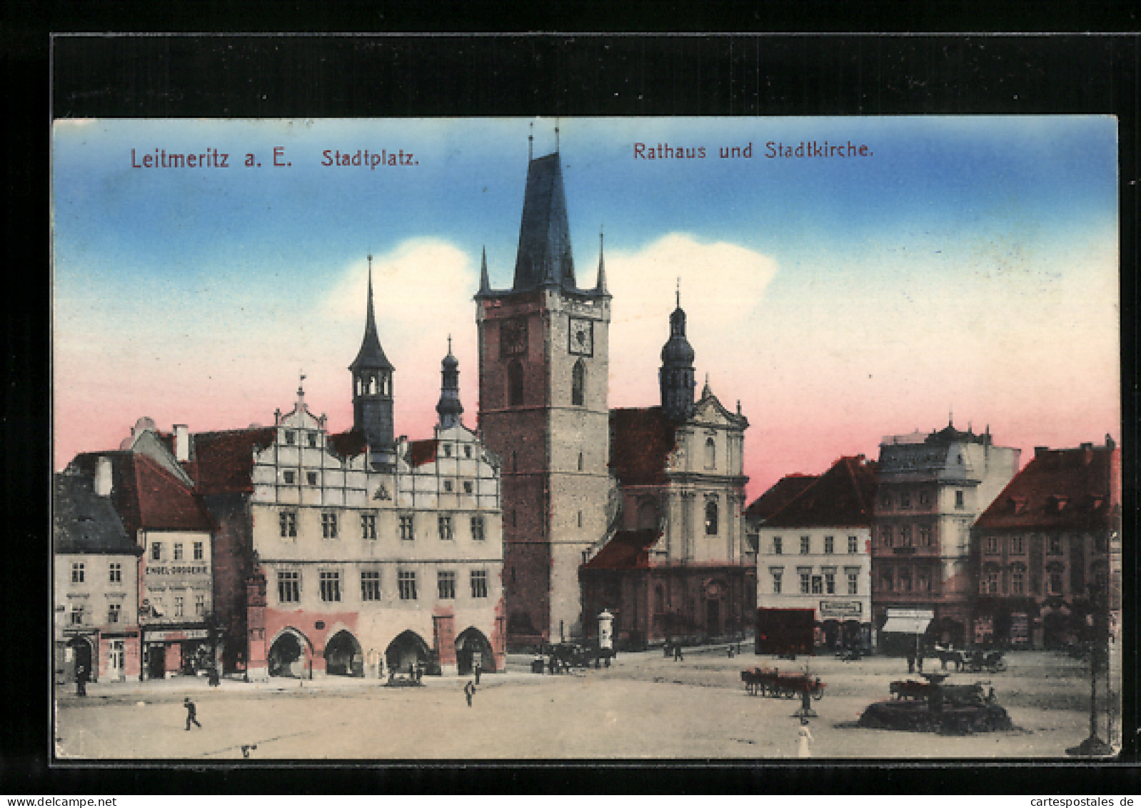 AK Leitmeritz / Litomerice, Stadtplatz, Rathaus, Stadtkirche  - República Checa