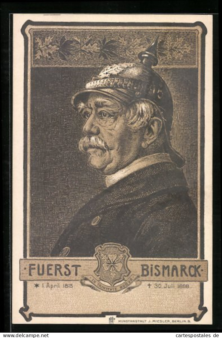 Lithographie Bismarck, Seitenportrait Mit Pickelhelm, Wappen  - Personnages Historiques