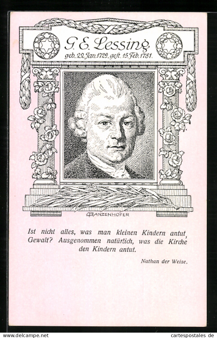 Künstler-AK G. E. Lessing, Portrait Des Dichters, Zitat Aus Nathan Der Weise  - Schrijvers