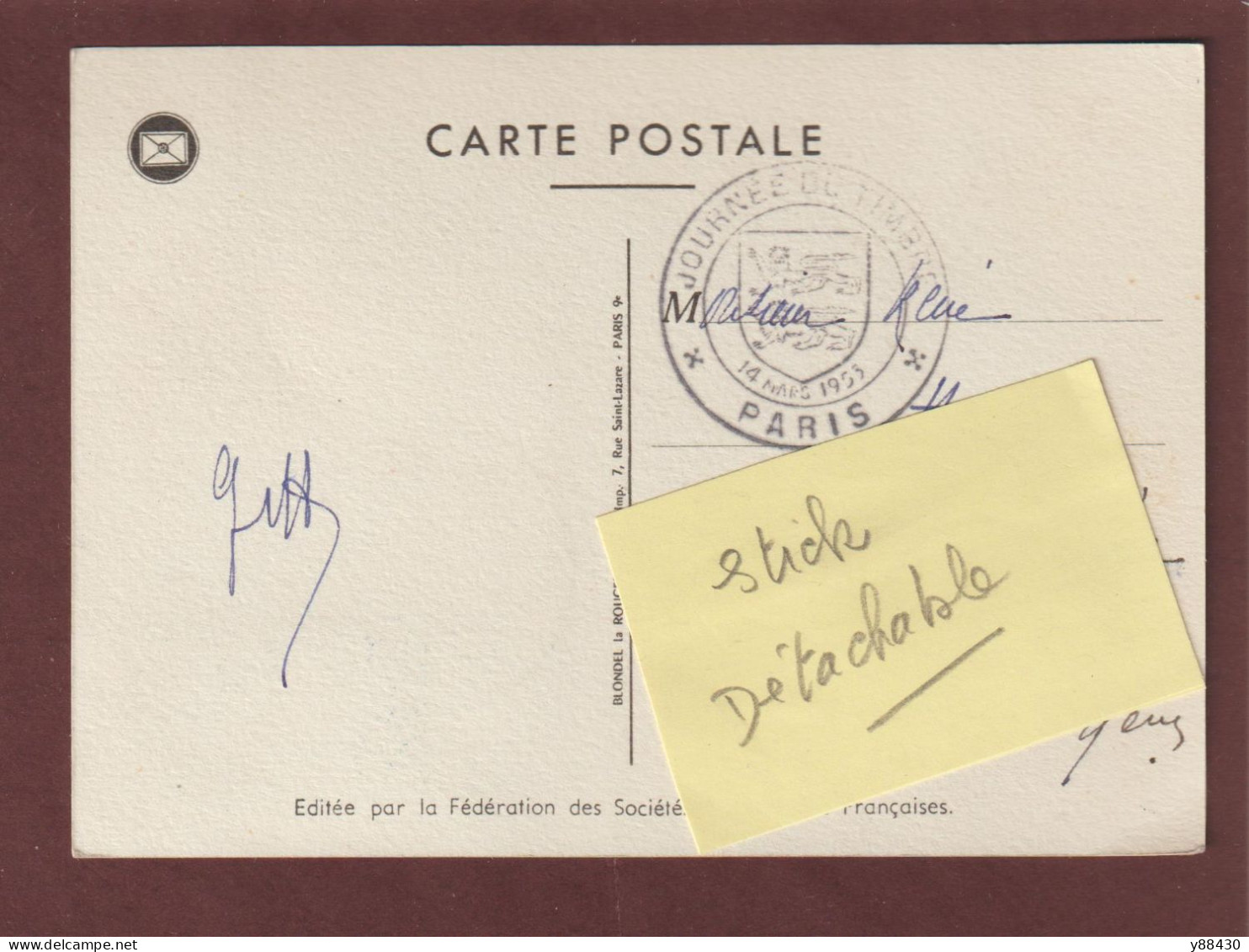 940 De 1953 - Carte 1er Jour - Journée Du Timbre à PARIS Le 14-03-1953 - Comte D'Argenson - 2 Scan - 1950-1959