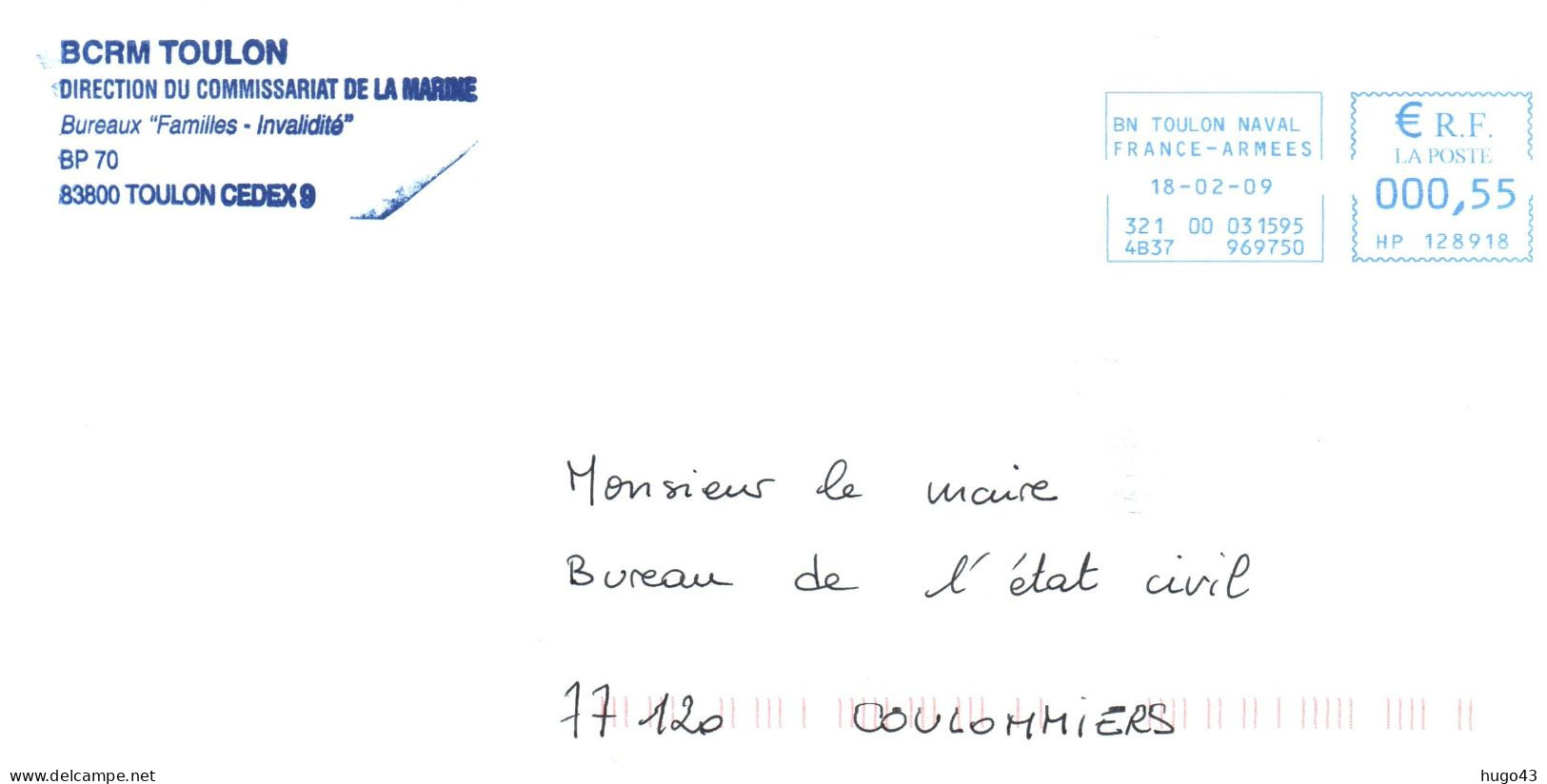 ENVELOPPE AVEC CACHET BCRM TOULON - DIRECTION DU COMMISSARIAT DE LA  MARINE LE 18/02/09 - Seepost