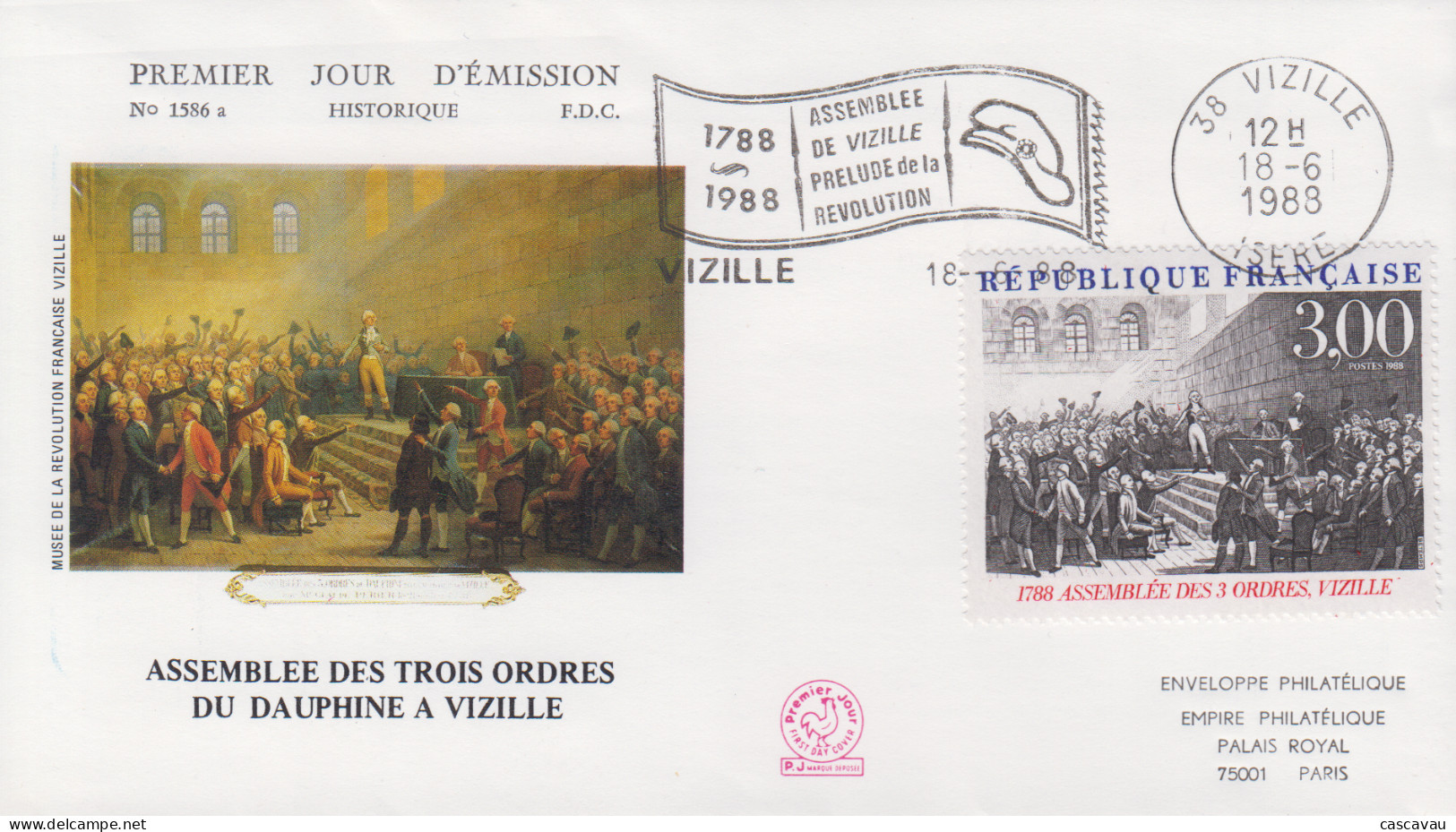 Enveloppe  FDC   Flamme   1er   Jour    FRANCE    Assemblée  Des   TROIS  ORDRES   Du   Dauphiné     VIZILLE   1988 - 1980-1989