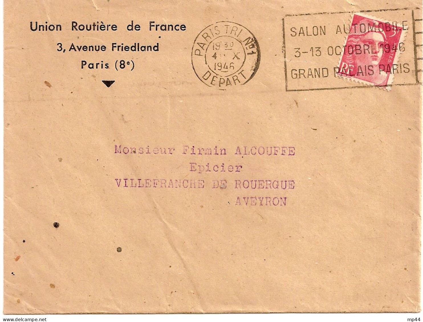 32J12 --- PARIS TRI N°1 Salon Automobile 3-13 Octobre 1946 Grand Palais - Oblitérations Mécaniques (flammes)