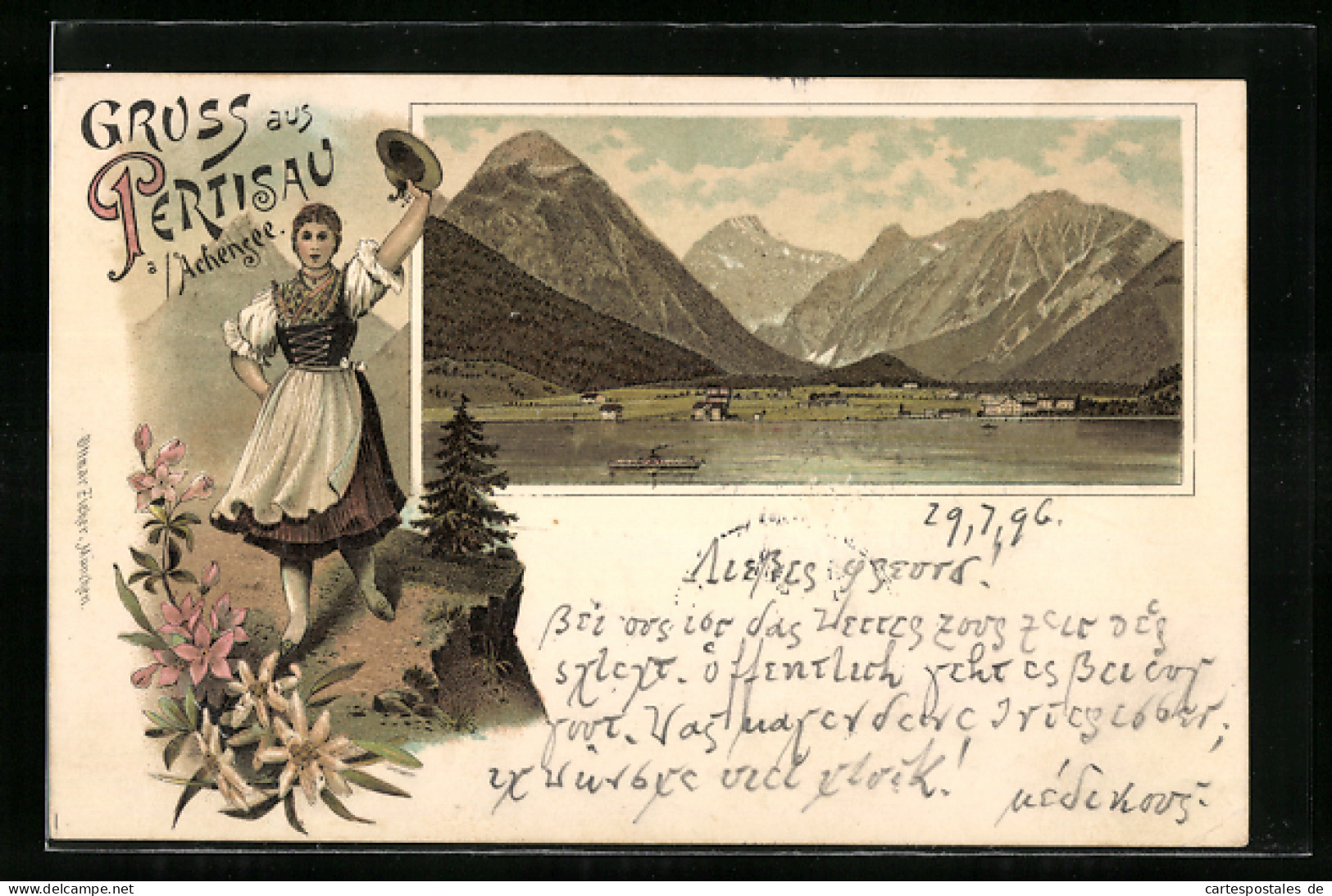 Lithographie Pertisau Am Achensee, Blick Vom See Auf Ort Und Berge, Tirolerin In Tracht  - Sonstige & Ohne Zuordnung