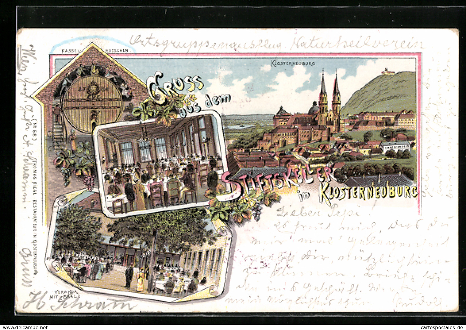 Lithographie Klosterneuburg, Innenansicht Gasthaus Stiftskeller, Veranda Mit Saal, Fasselrutschen  - Autres & Non Classés