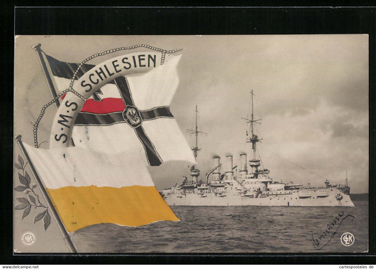 AK Kriegsschiff S.M.S. Schlesien, Wappen Und Fahnen, 1. Weltkrieg  - Oorlog