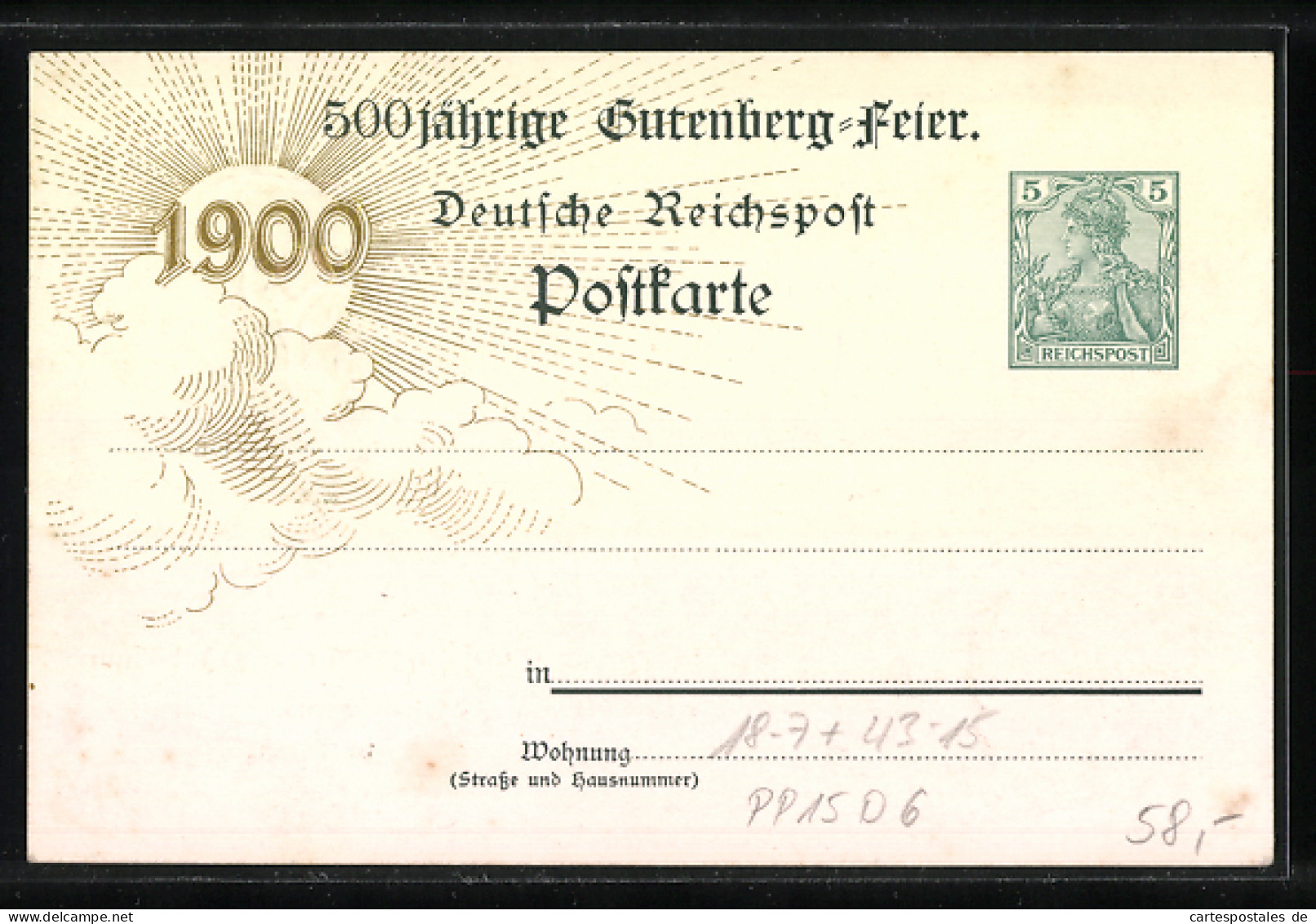Präge-Lithographie Ganzsache PP15D6: Mainz, Panorama Zur 500 Jähr. Gutenberg Feier 1900, Arbeiter Beim Buchdruck, Wa  - Tarjetas