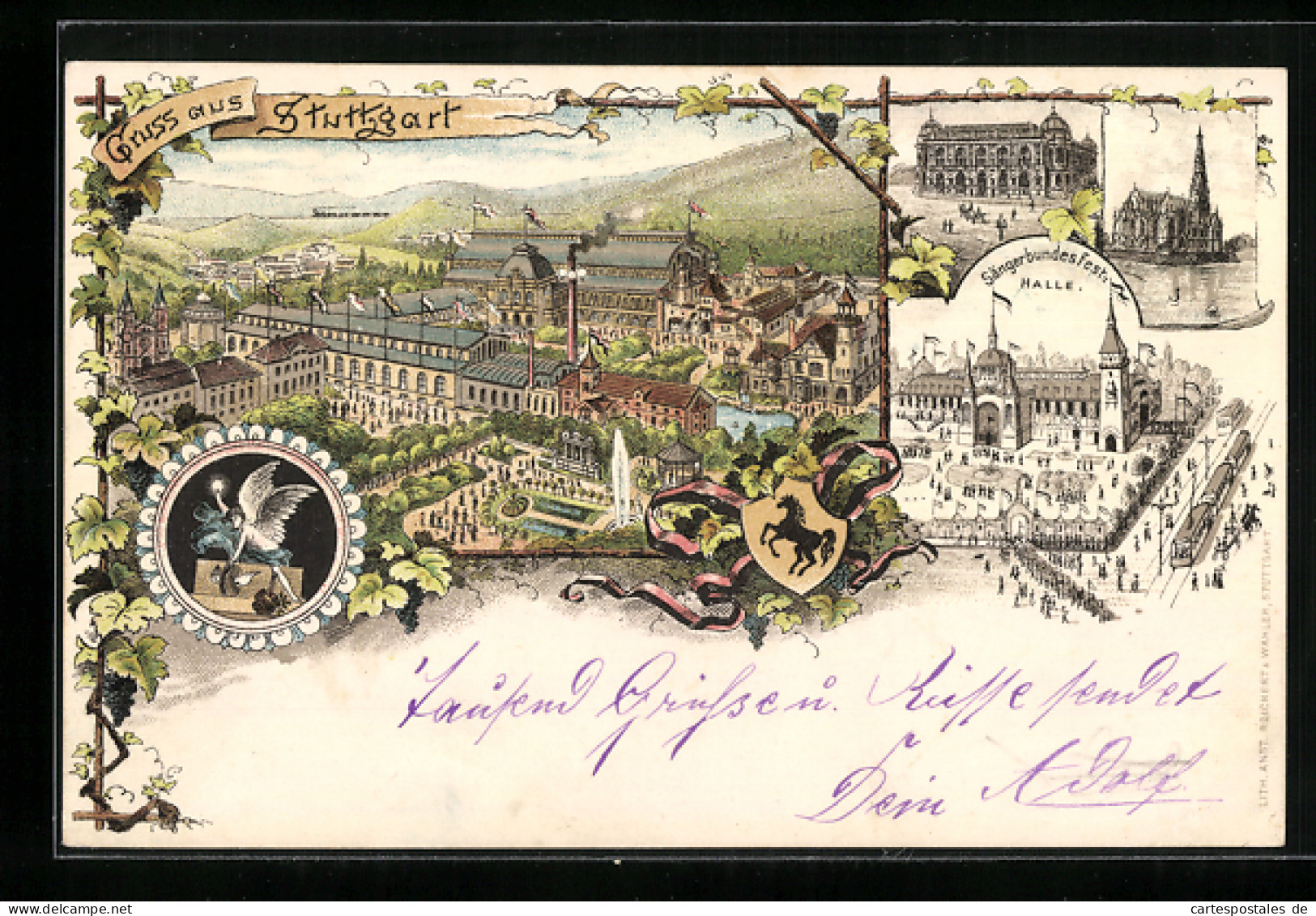 Lithographie Stuttgart, Kirche, Gebäudeansichten, Ortsansicht Aus Der Vogelschau, Private Stadtpost  - Stamps (pictures)