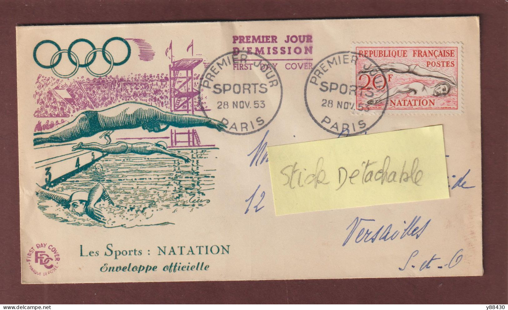 960 De 1953 - Enveloppe 1er Jour à PARIS Le  28/11/1953 - SPORT - JEUX OLYMPIQUE D'HELSINKI - NATATION - 2 Scan - 1950-1959