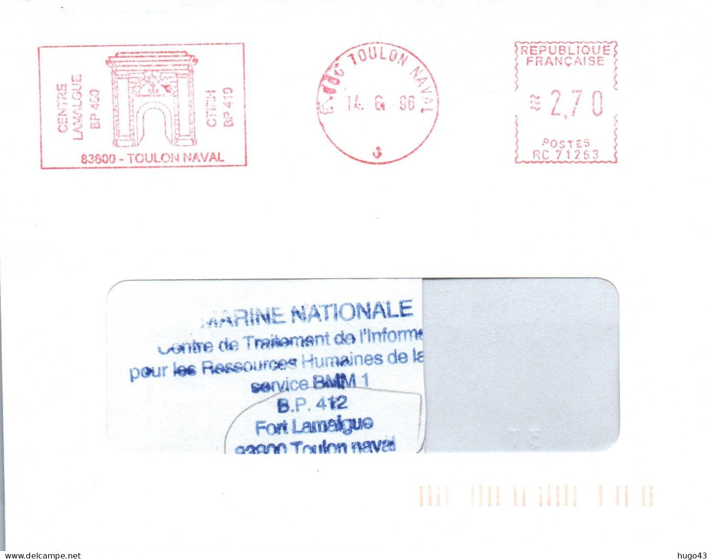 ENVELOPPE AVEC FLAMME E.M.A - CENTRE LAMALGUE - TOULON NAVAL - LE 14/6/96 - Correo Naval