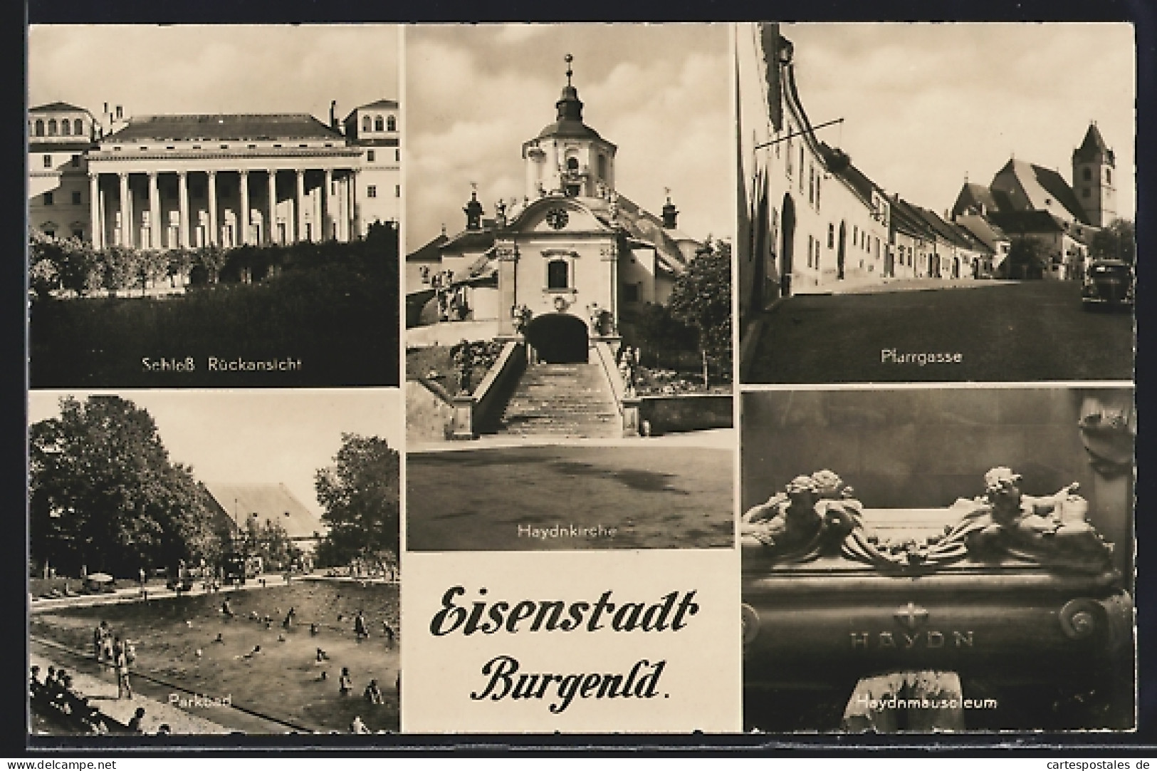 AK Eisenstadt I. Burgenland, Schloss Rückansicht, Haydnkirche, Parkbad, Pfarrgasse, Haydnmausoleum  - Andere & Zonder Classificatie