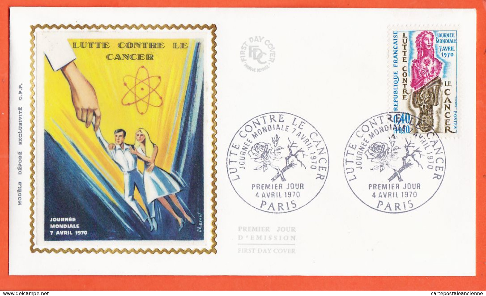 31080  / ⭐ (•◡•) FDC Soie ◉ 7 Avril Journée Mondiale Lutte Contre CANCER Par CHESNOT ◉ 1er Jour Emission PARIS  04-1970 - 1970-1979
