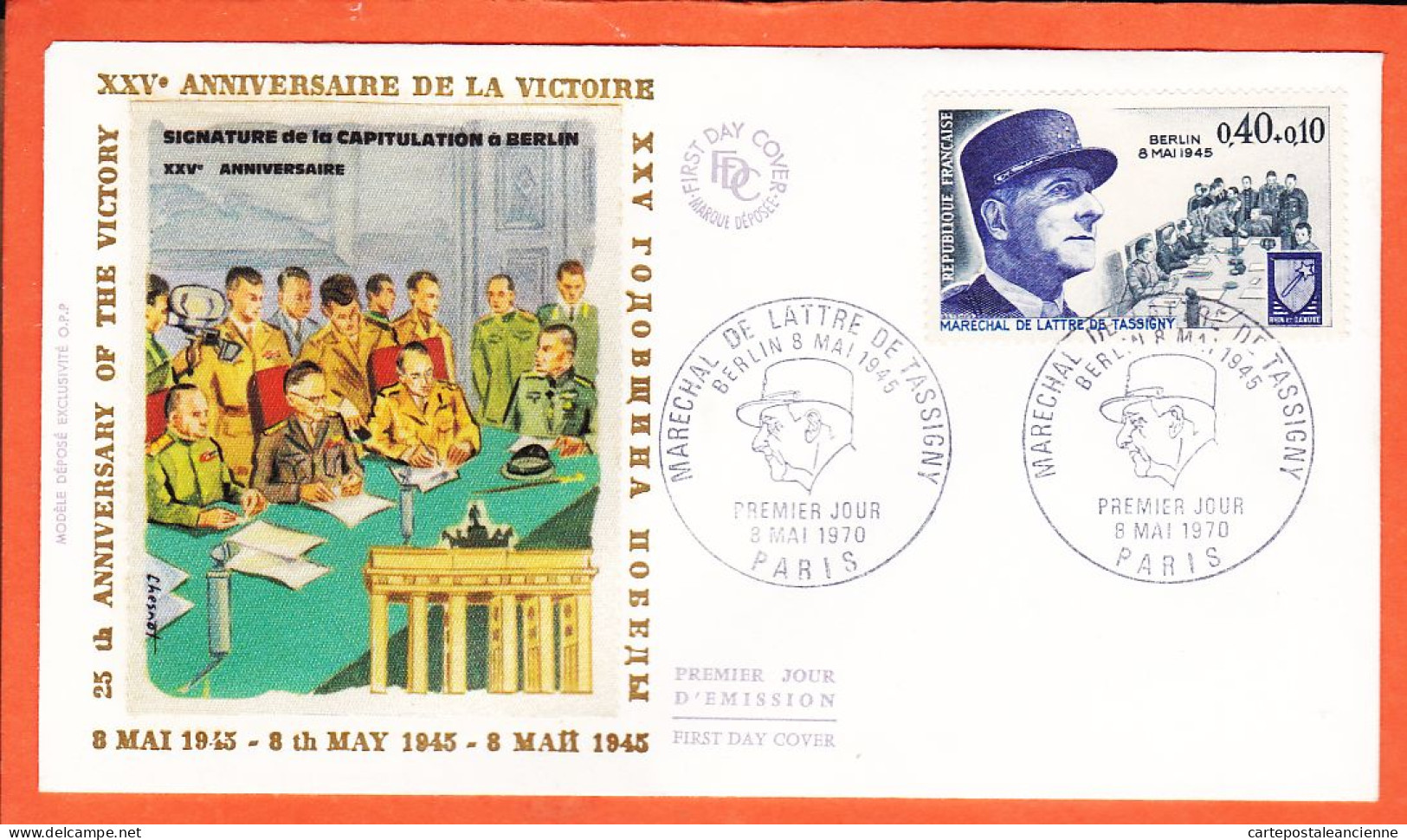 31074  / ⭐ (•◡•) FDC Soie ◉ XXVè Anniversaire VICTOIRE 8 Mai 1945 Capitulation BERLIN ◉ 1er JourPARIS 08-05-1970 - 1970-1979